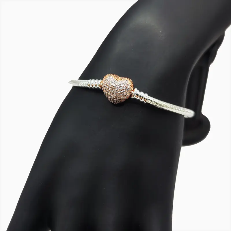 Pulsera De Plata Corazon Brillante Rosa