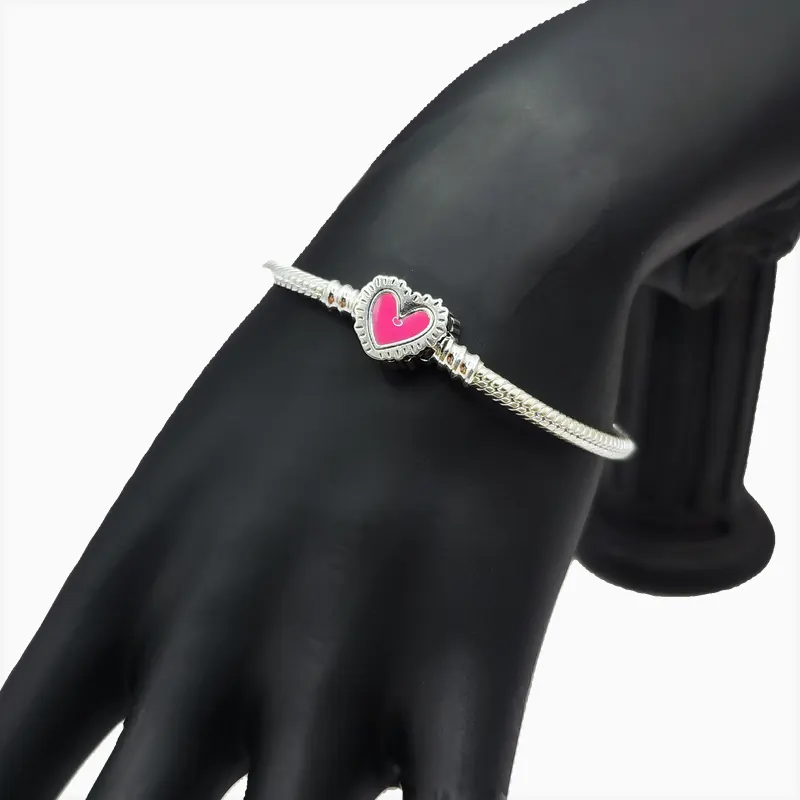 Pulsera De Plata Corazón Rosa