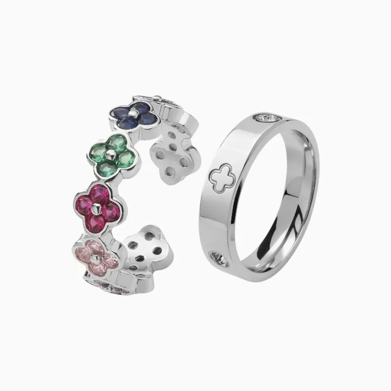 Anillo De Acero Dúo Flor Cuatro Hojas