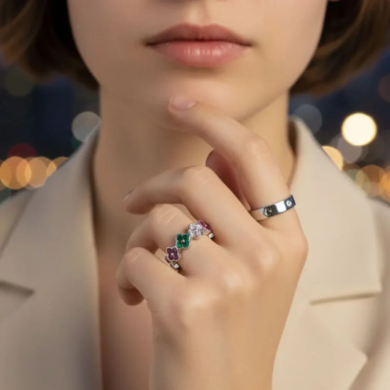 Anillo De Acero Duo Flor Cuatro Hojas