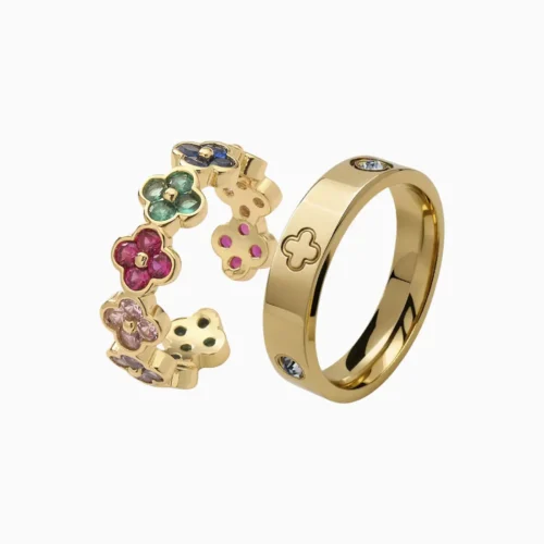 Anillo De Acero Dúo Flor Cuatro Hojas Dorado