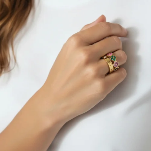 Anillo De Acero Duo Trebol Dorado