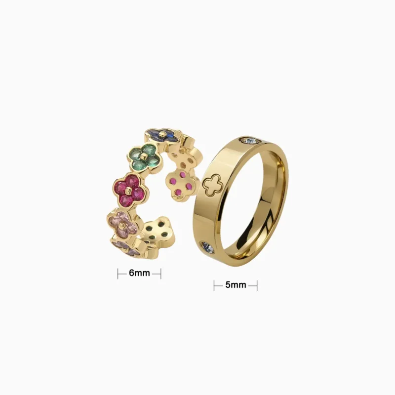 Anillo De Acero Dúo Flor Cuatro Hojas Dorado