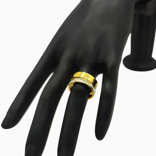 anillo de acero dúo flor cuatro hojas brillante dorado