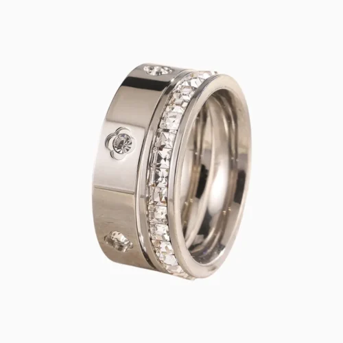 Anillo De Acero Dúo Flor Cuatro Hojas Brillante