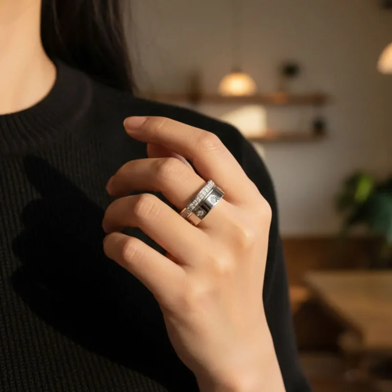 Anillo De Acero Duo Trebol Y Brillantes Plateado