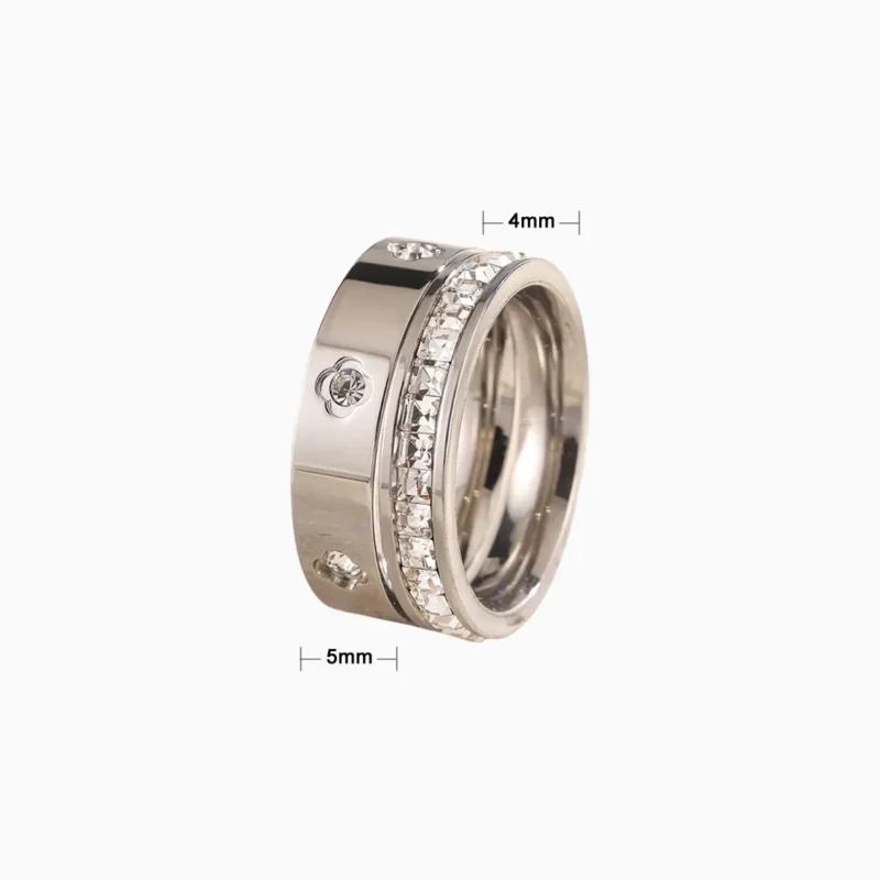 Anillo De Acero Dúo Flor Cuatro Hojas Brillante