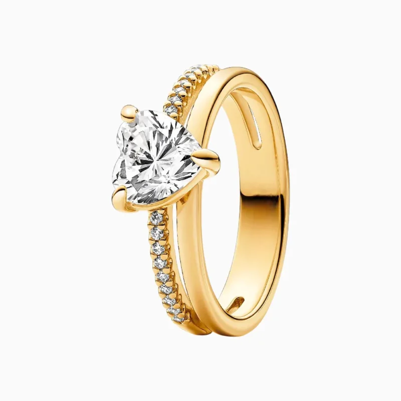 Anillo De Plata Corazón Doble Banda Dorado