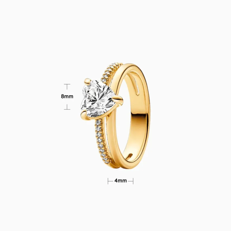 Anillo De Plata Corazón Doble Banda Dorado