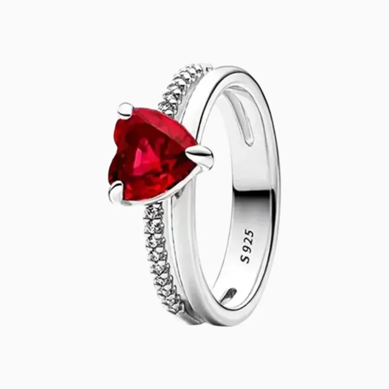 Anillo De Plata Corazón Rojo Doble Banda