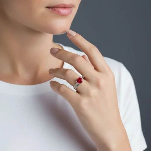 Anillo De Plata Corazón Rojo Doble Banda