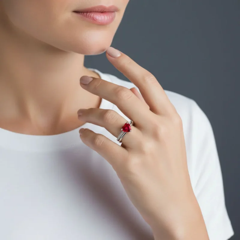 Anillo De Plata Corazón Rojo Doble Banda