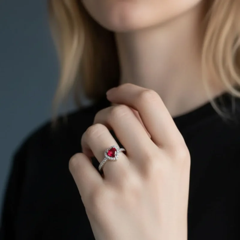 Anillo De Plata Corazón Superior Rojo