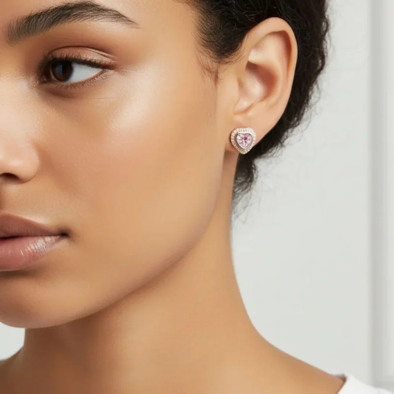 Aretes Broquel De Plata Rosa Corazón Superior Aretes Broquel De Plata Rosa Corazón Superior