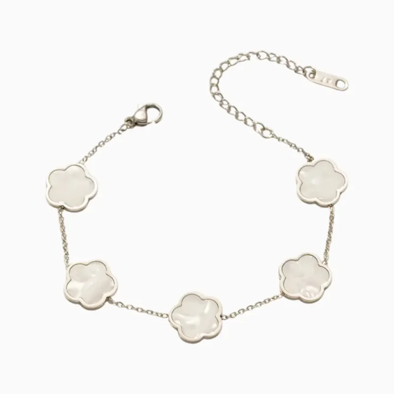 Pulsera De Acero Flor Cinco Hojas Blanco Plata
