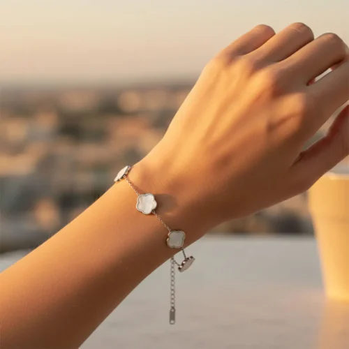 Pulsera De Acero 5 Hojas Blanco Plata