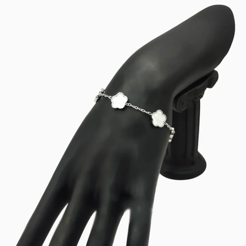 Pulsera De Acero Flor Cinco Hojas Blanco Plata