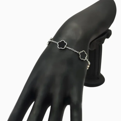 Pulsera De Acero Flor Cinco Hojas Negro Plata