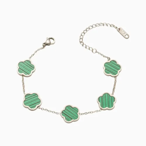 Pulsera De Acero Flor Cinco Hojas Verde Plata