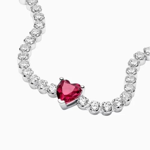 Pulsera De Plata Tenis Corazón Rojo Brillante