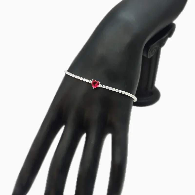 Pulsera De Plata Tenis Corazón Rojo Brillante