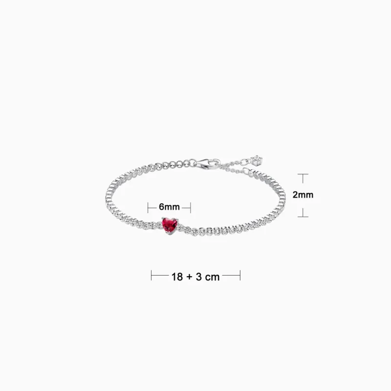 Pulsera De Plata Tenis Corazón Rojo Brillante