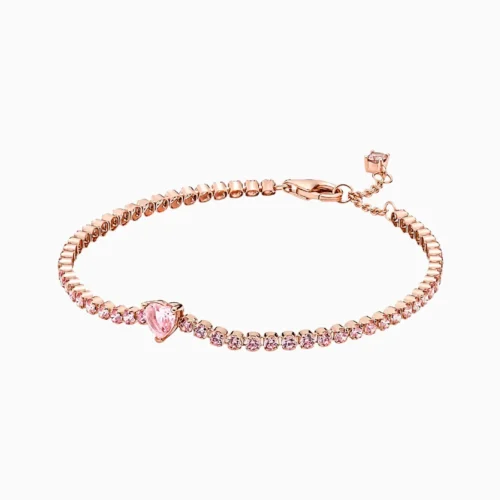Pulsera De Plata Tenis Corazón Rosa Brillante