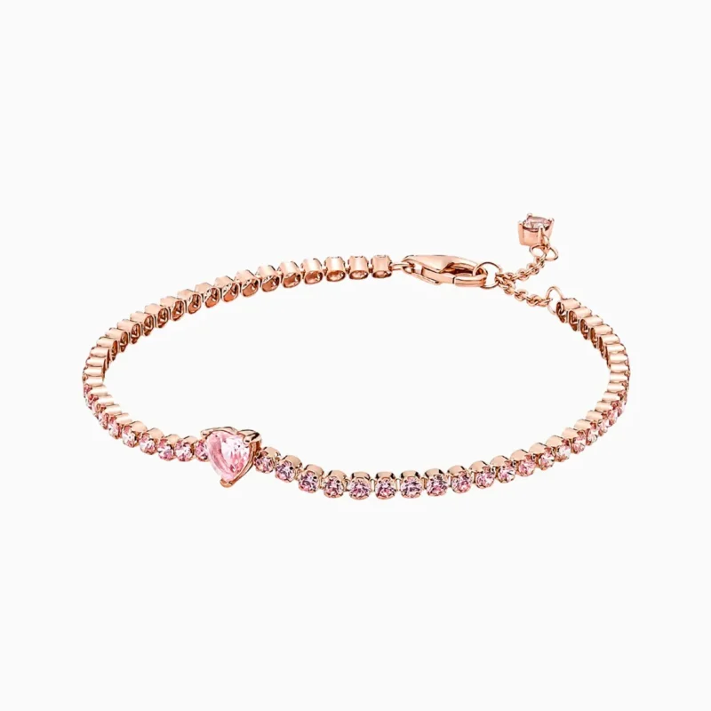 Pulsera De Plata Tenis Corazón Rosa Brillante