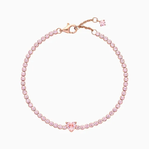 Pulsera De Plata Tenis Corazón Rosa Brillante