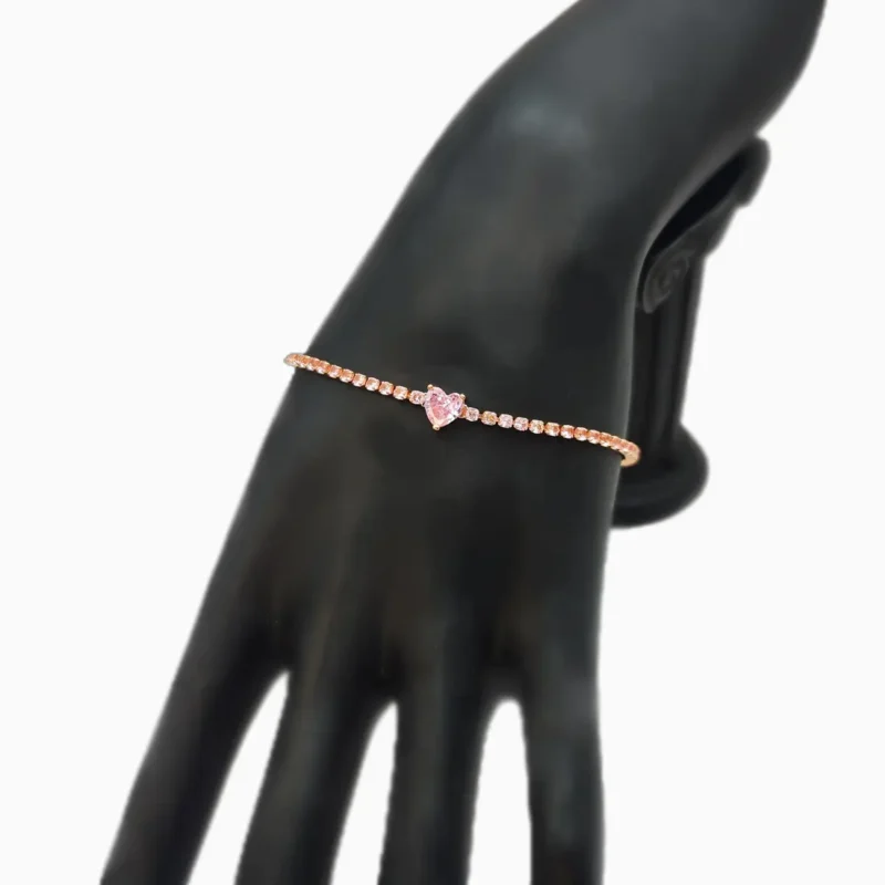 Pulsera De Plata Tenis Corazón Rosa Brillante