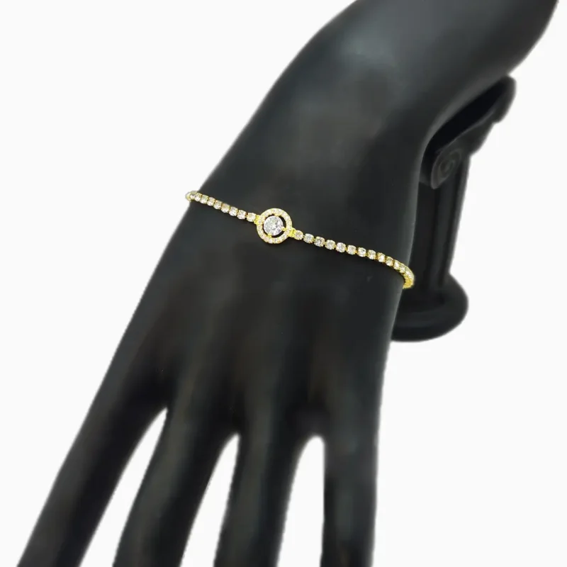 Pulsera De Plata Tenis Halo Dorado Brillante