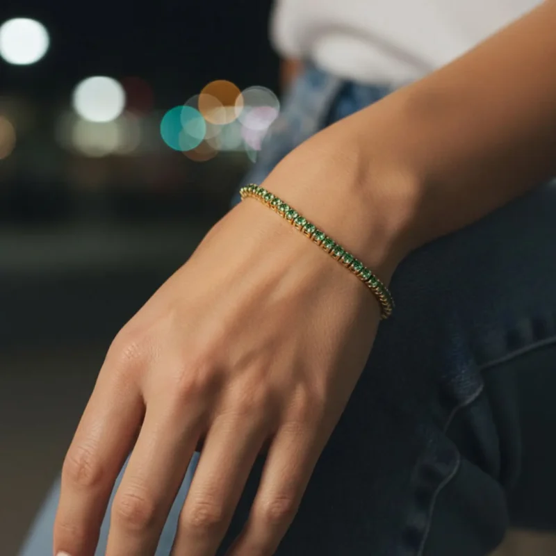 Pulsera De Plata Tenis Verde Brillante