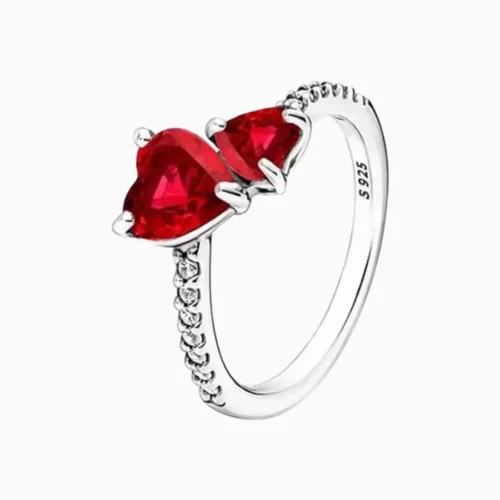 Anillo De Plata Dos Corazones Rojos