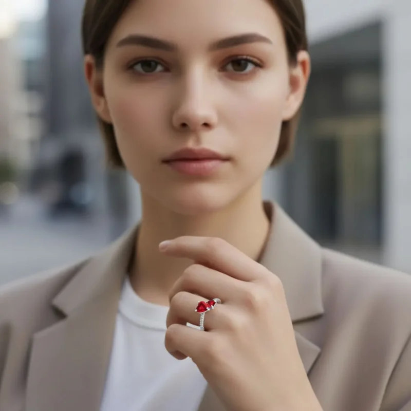 Anillo De Plata Dos Corazones Rojos
