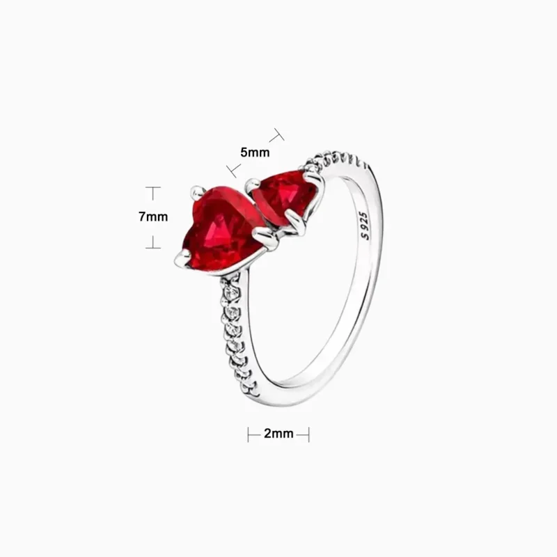 Anillo De Plata Dos Corazones Rojos