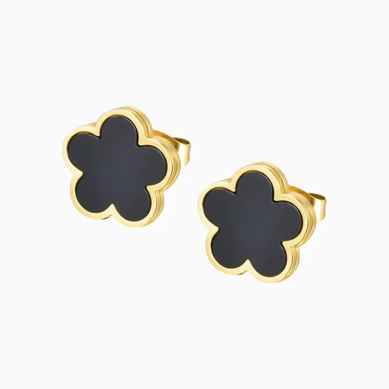 Aretes Broquel De Acero Flor 5 Hojas Negro