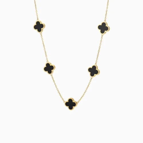 Collar De Acero Flor 5 Hojas Negro Dorado