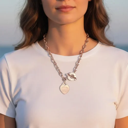 Collar De Acero Placa Estilo Corazón Rosa