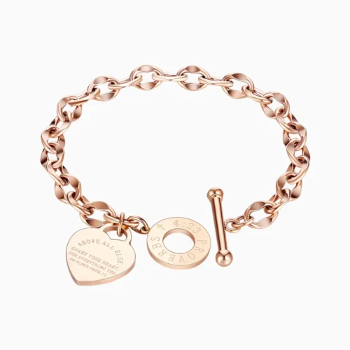 Pulsera De Acero Placa Estilo Corazón Rosa