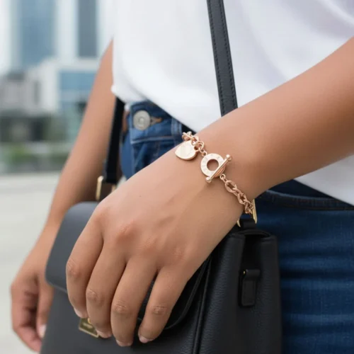 Pulsera De Acero Placa Estilo Corazón Rosa