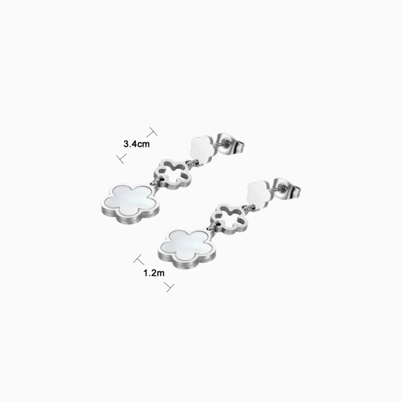 Aretes Largos De Acero Flor 5 Hojas Blanco