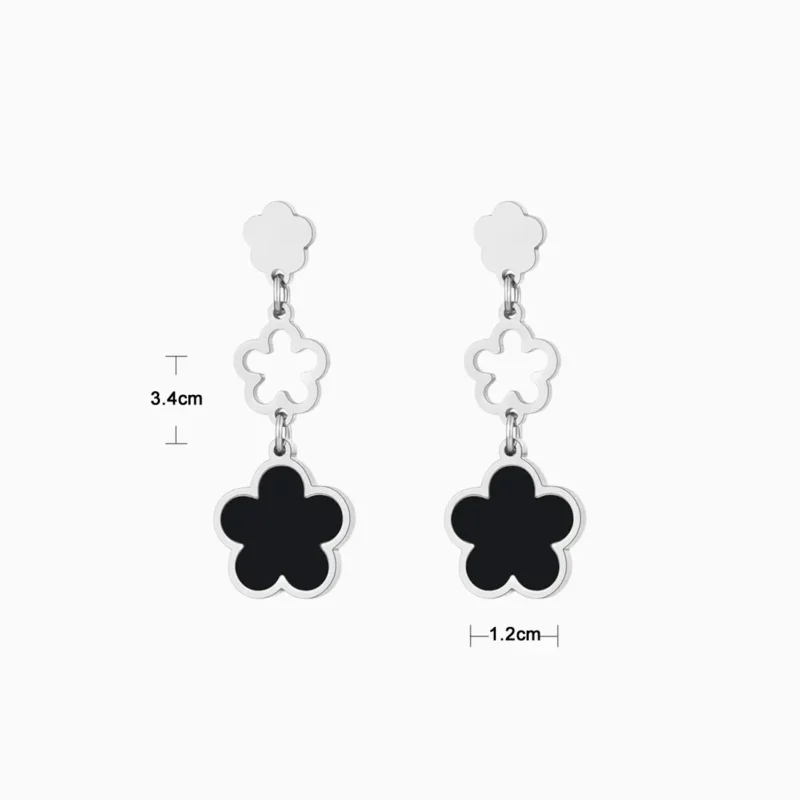 Aretes Largos De Acero Flor 5 Hojas Negro