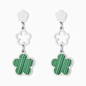 Aretes Largos De Acero Flor 5 Hojas Verde