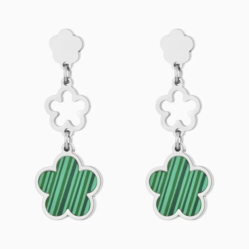 Aretes Largos De Acero Flor 5 Hojas Verde