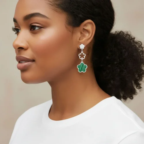 Aretes Largos De Acero Flor 5 Hojas Verde