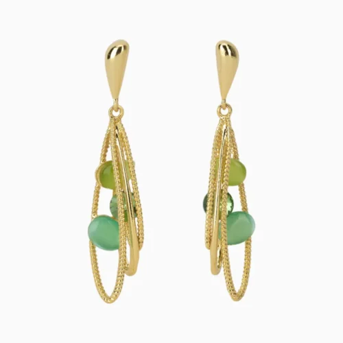 Aretes Largos De Oro Piedras Verdes