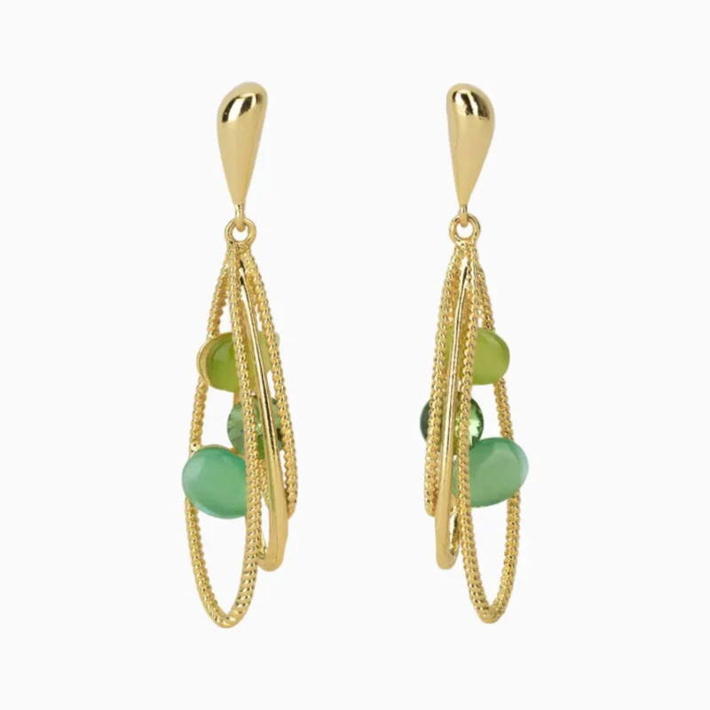 Aretes Largos De Oro Piedras Verdes
