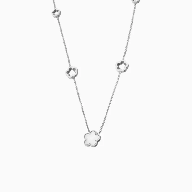 Collar De Acero Flor 5 Hojas Blanco
