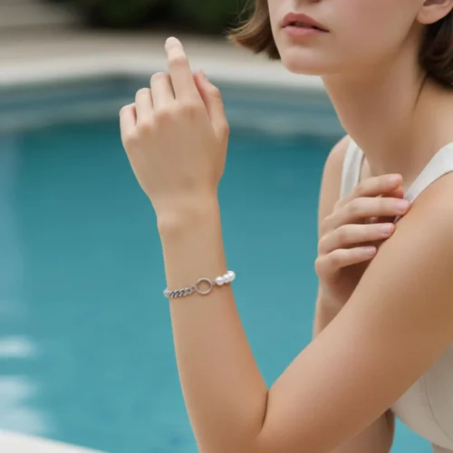 Pulsera De Acero Cadena Y Perlas