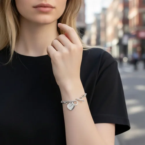 Pulsera De Acero Placa Estilo Corazón Doble